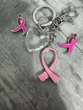 Pink Ribbon Breast Cancer Awareness Keychain with Heart Charm